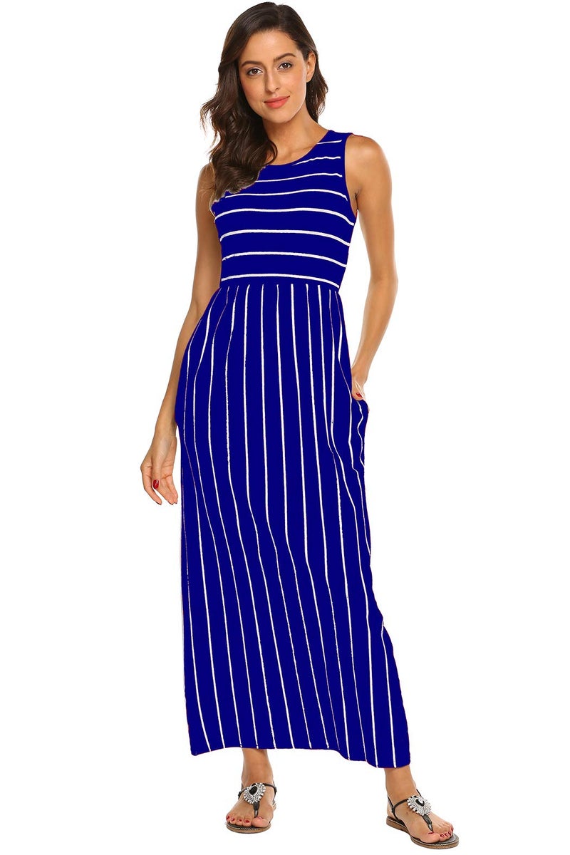 Hount Women's Summer Casual Stripe Maxi Dress Sleeveless Loose Beach Swing Tank Dresses Blue XL - Image 3